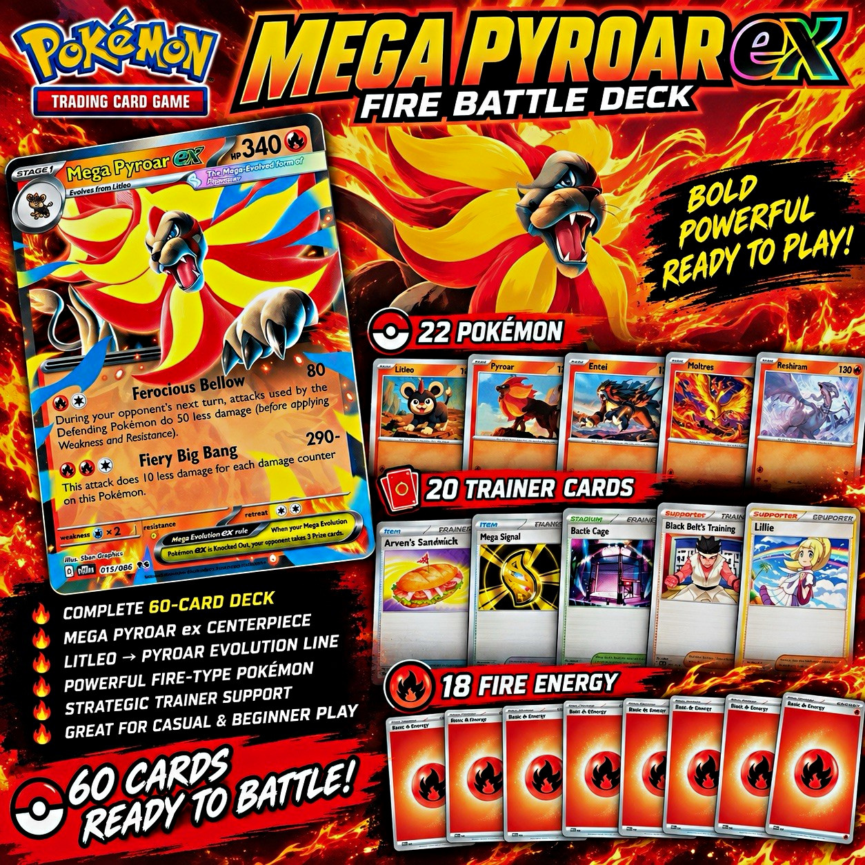 Pokemon TCG 60 Card Fire Deck Mega Pyroar ex Ready to Play Custom Battle Deck