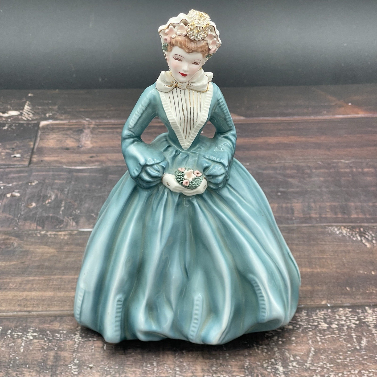 Florence Ceramics Pasadena “Sue Ellen” Figurine Blue Dress White & Gold 8.25\