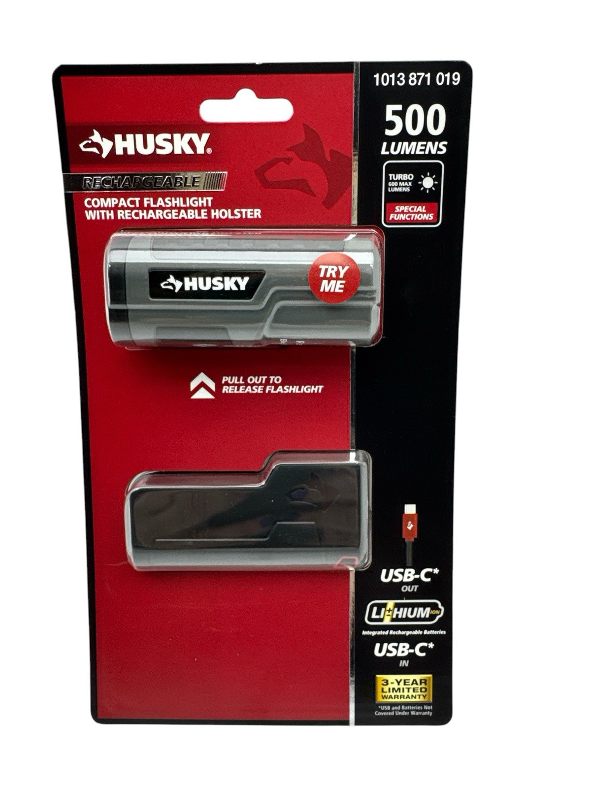 Husky Compact LED Flashlight 500 Lumens USB-C w/ Rechargeable Holster 1013871019