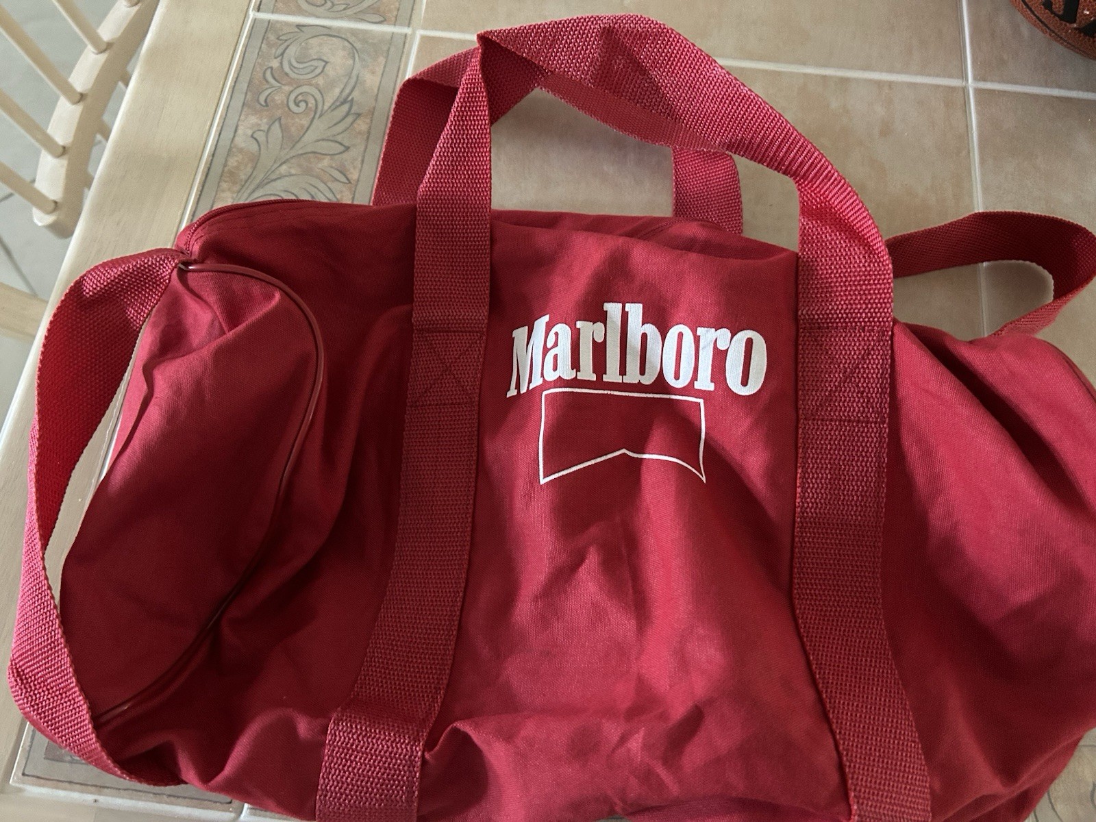 Marlboro Vintage 1987 Red Duffle Travel Bag with Shoulder Strap