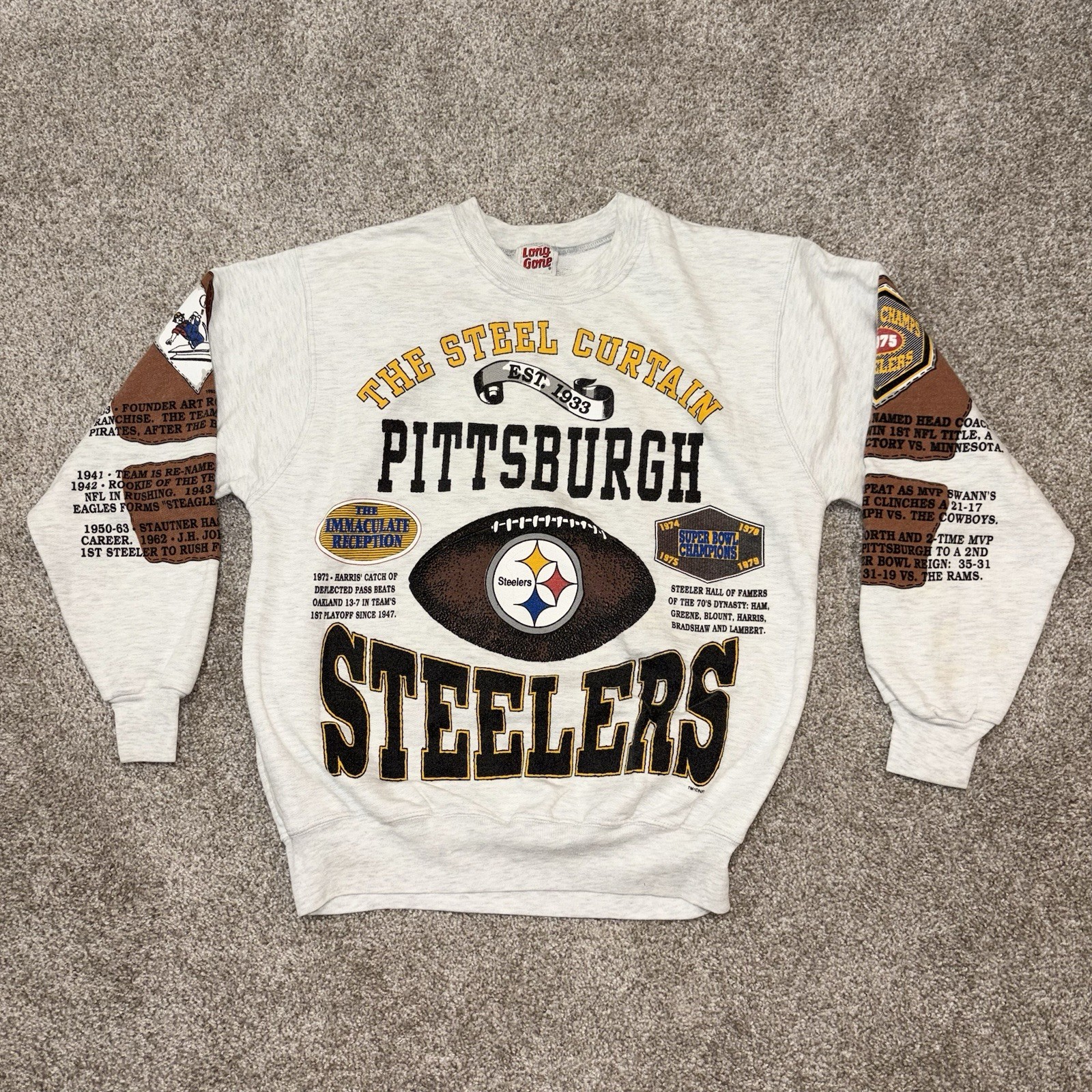 Vintage Pittsburgh Steelers Crewneck Sweatshirt Long Gone Sz L 90s AOP USA