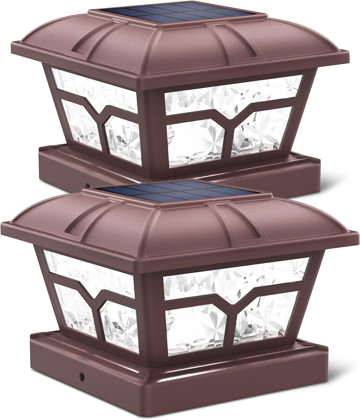 Solar Post Cap Lights Outdoor 2 Modes, 2 Pack, Brown, Warm/White