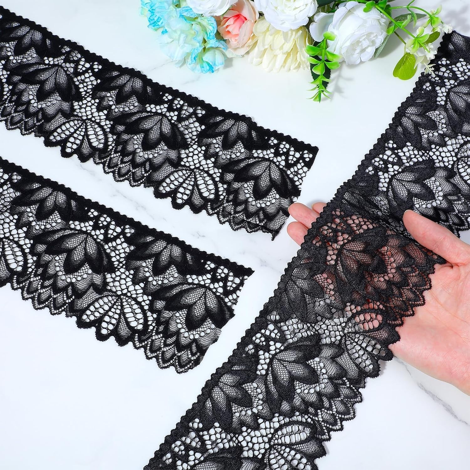 Black Lace Trim 5 Yards, 4 Inch Wide Stretch Lace Fabric Floral Embroidered Black Lace Trim 5 Yards, 4 Inch Wide Stretch Lace Fabric Floral Embroidered
