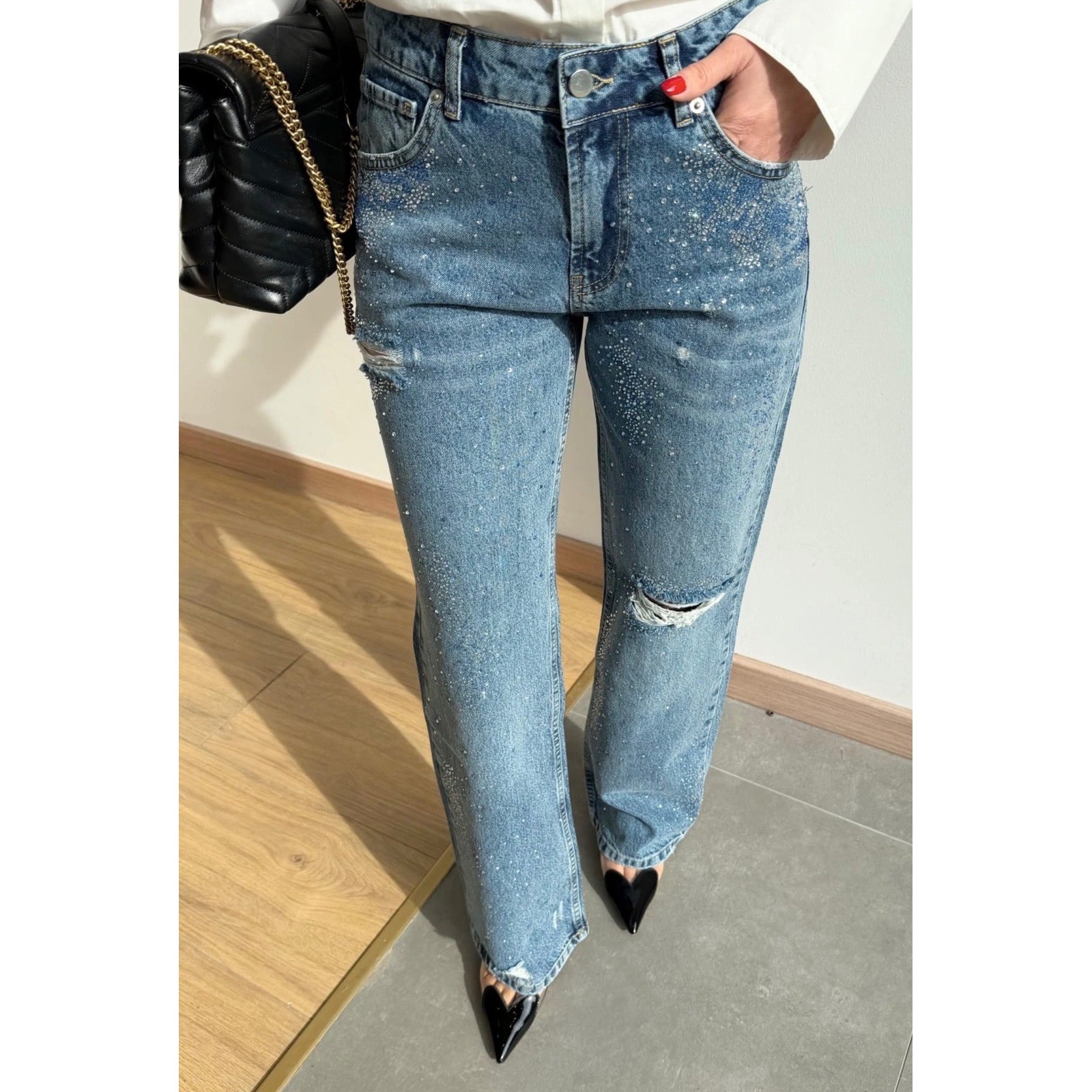 Zara TRF Straight Leg Rhinestone Jeans Blue Size 10 High Rise Distressed
