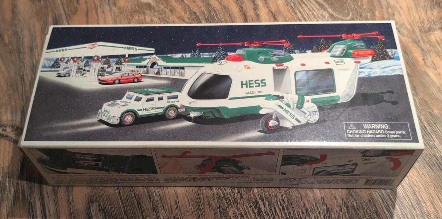 Hess 2001 Toy Truck Helicopter with Motorcycle and Cruiser New in Box MIB