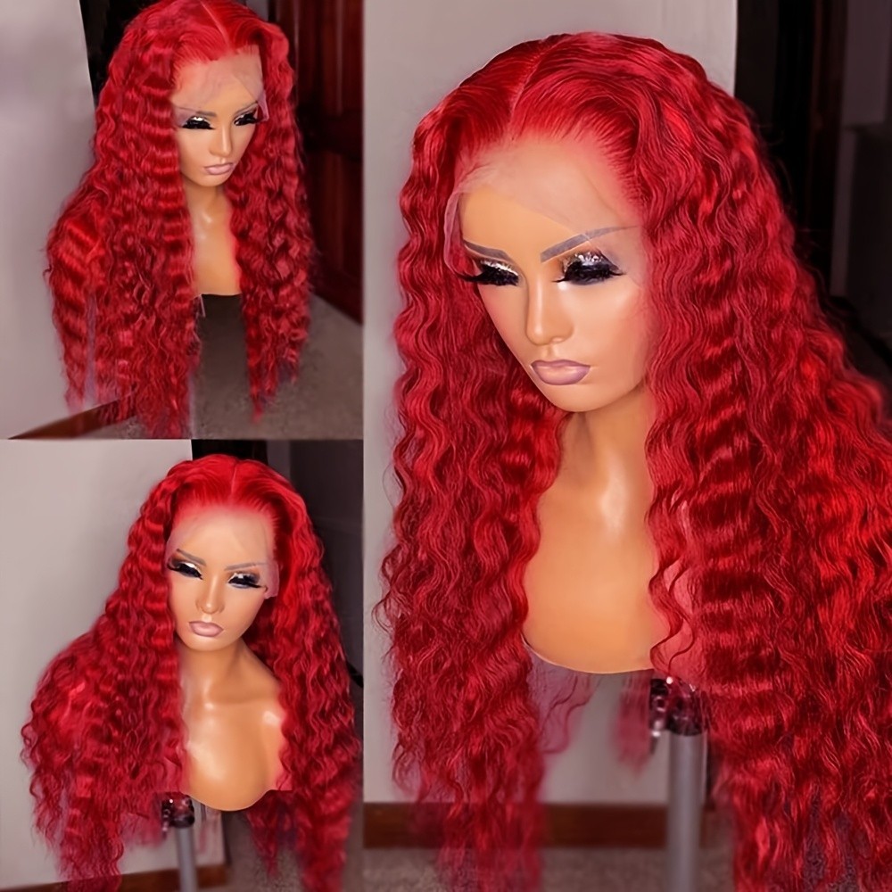 Women Red Color Hair Lace Front Wigs Synthetic Deep Wave Heat Resistant Glueless