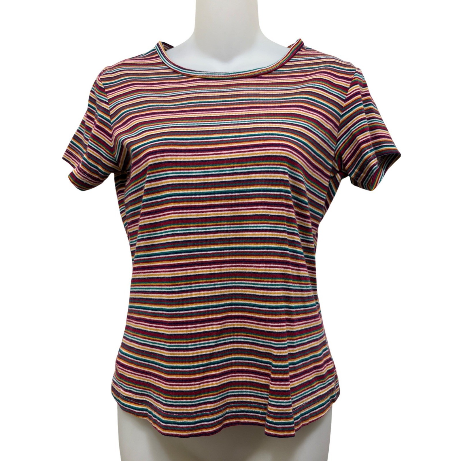 Vtg 90s Y2K CTME Shirt Womens M Multicolor Stripe Boho Grunge Short Sleeve Shirt