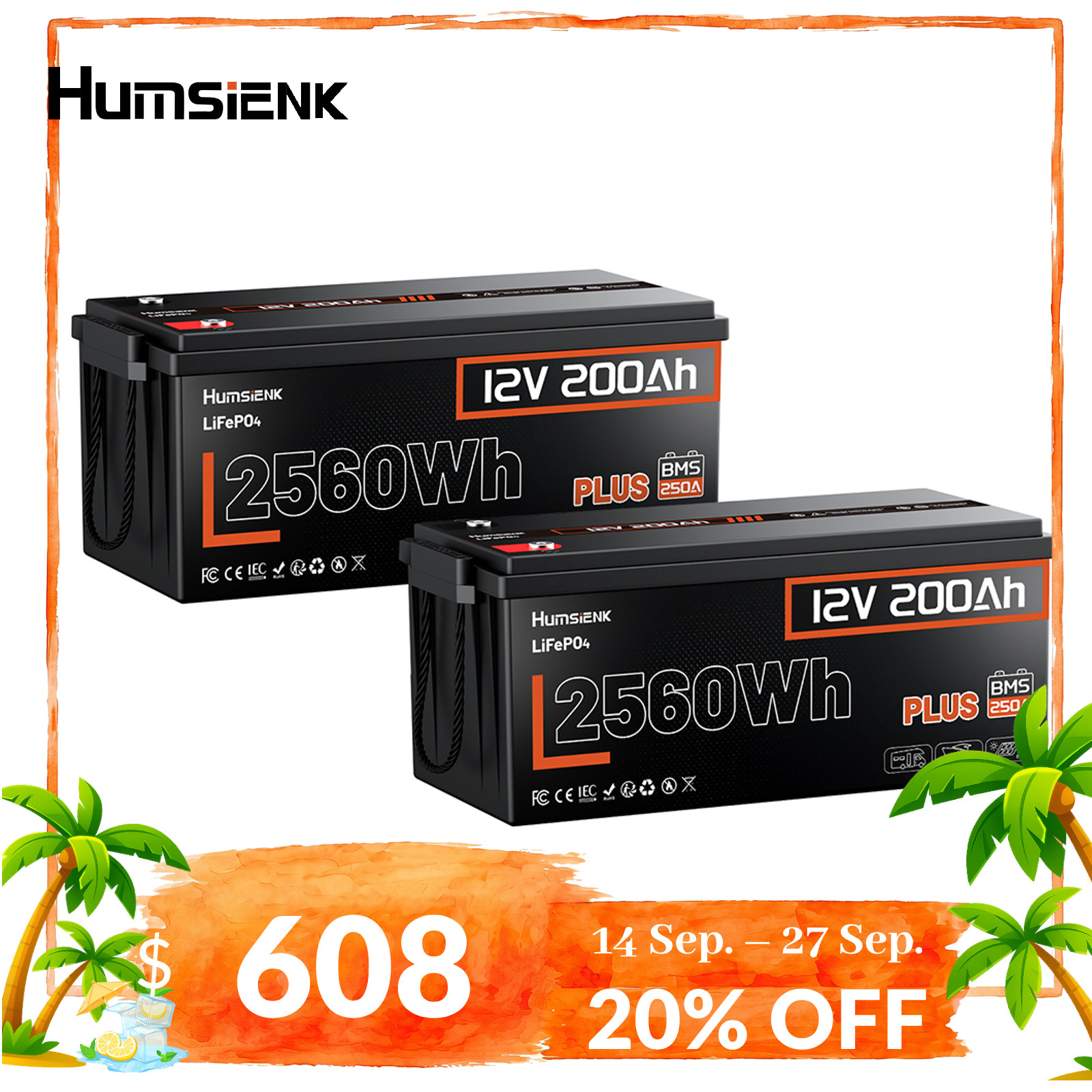 24V 2Pack 12V 200Ah 5120Wh Lithium LiFePO4 Battery 250A BMS Marine RV Off-Grid