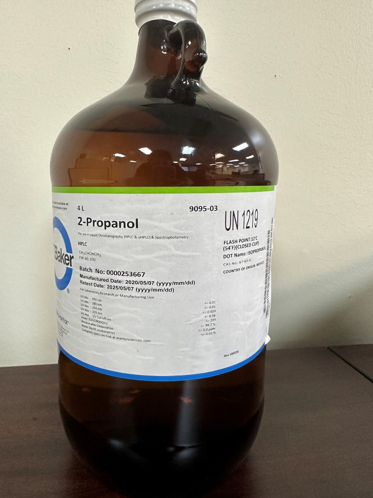JT Baker 9095-03 2-Propanol Bar ≥99.7%, HPLC 4L; Retest date: 5/2025