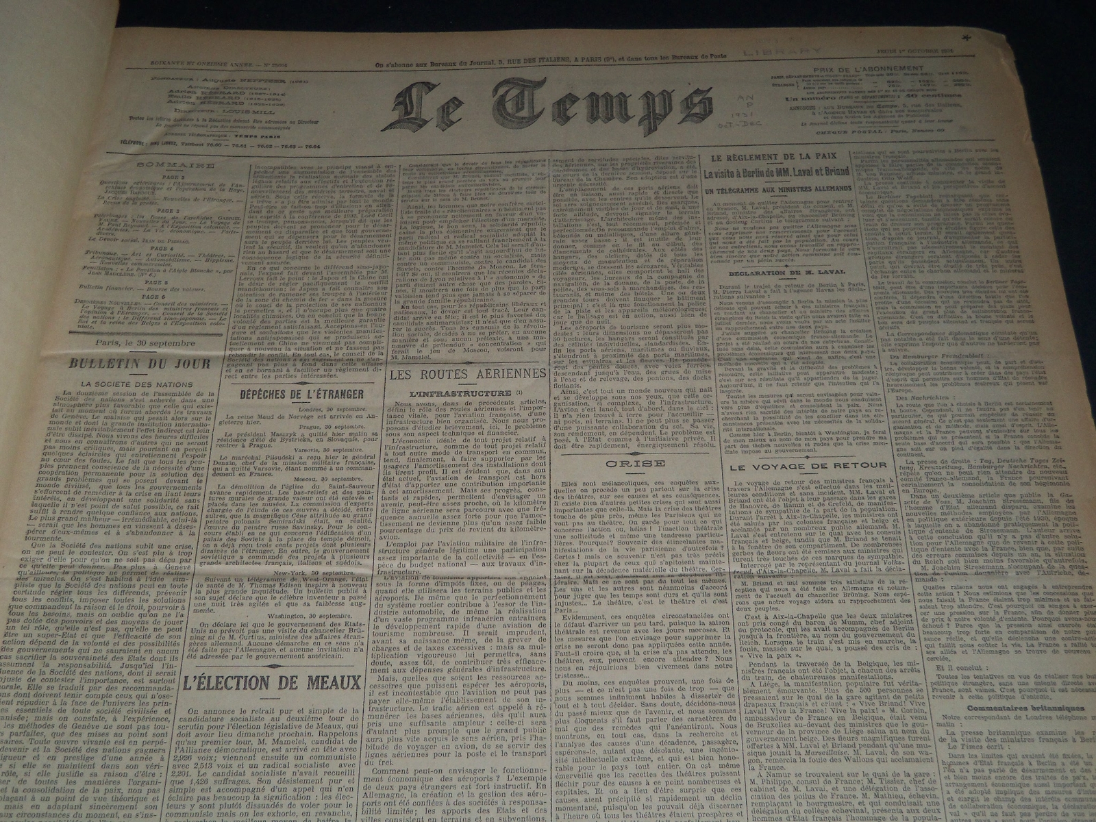 1931 OCTOBER-DECEMBER LE TEMPS FRENCH NEWSPAPER BOUND VOLUME - VB 10 1931 OCTOBER-DECEMBER LE TEMPS FRENCH NEWSPAPER BOUND VOLUME - VB 10