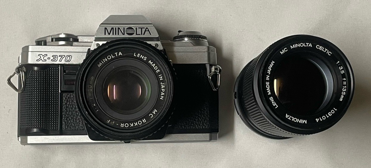 Vintage Minolta X-370 35mm SLR Film Camera 50mm f/1.7 and Celtic 135mm f/3.5