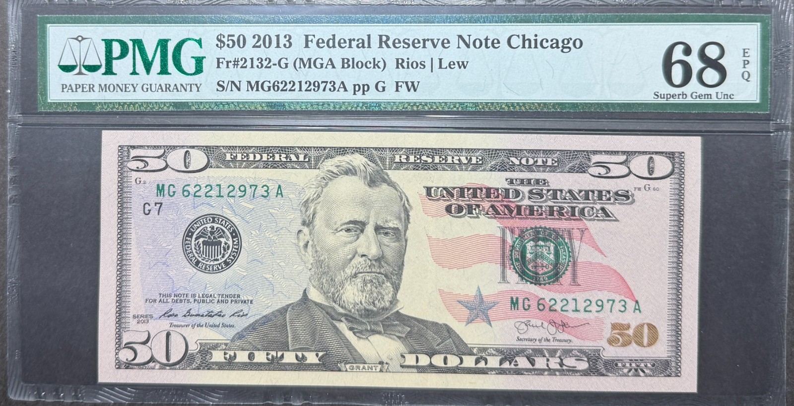 Fr#2132-G 2013 $50 Federal Reserve Note Chicago S/N MG62212973A PMG 68 EPQ