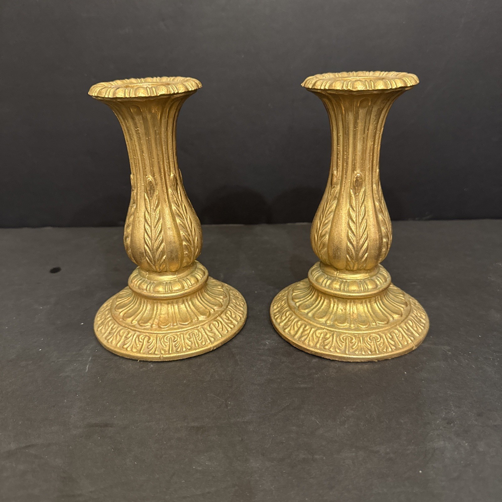 Vintage Pair Of Ornate Baroque Style Brass Heavy Gold Candleholders 6” H By 4” W