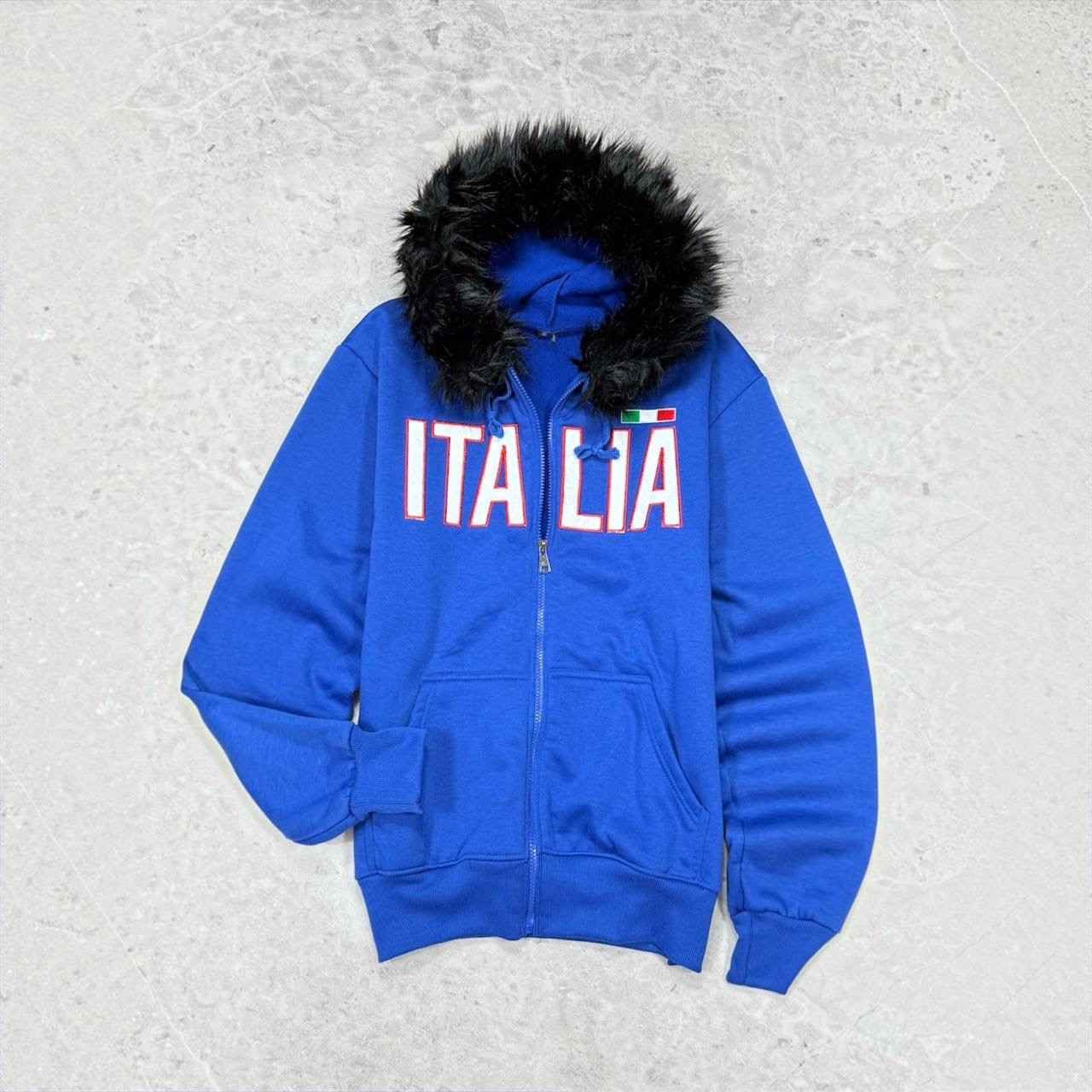Vintage Italia Blue Full Zip Hoodie Black Faux Fur Hood Y2K Streetwear