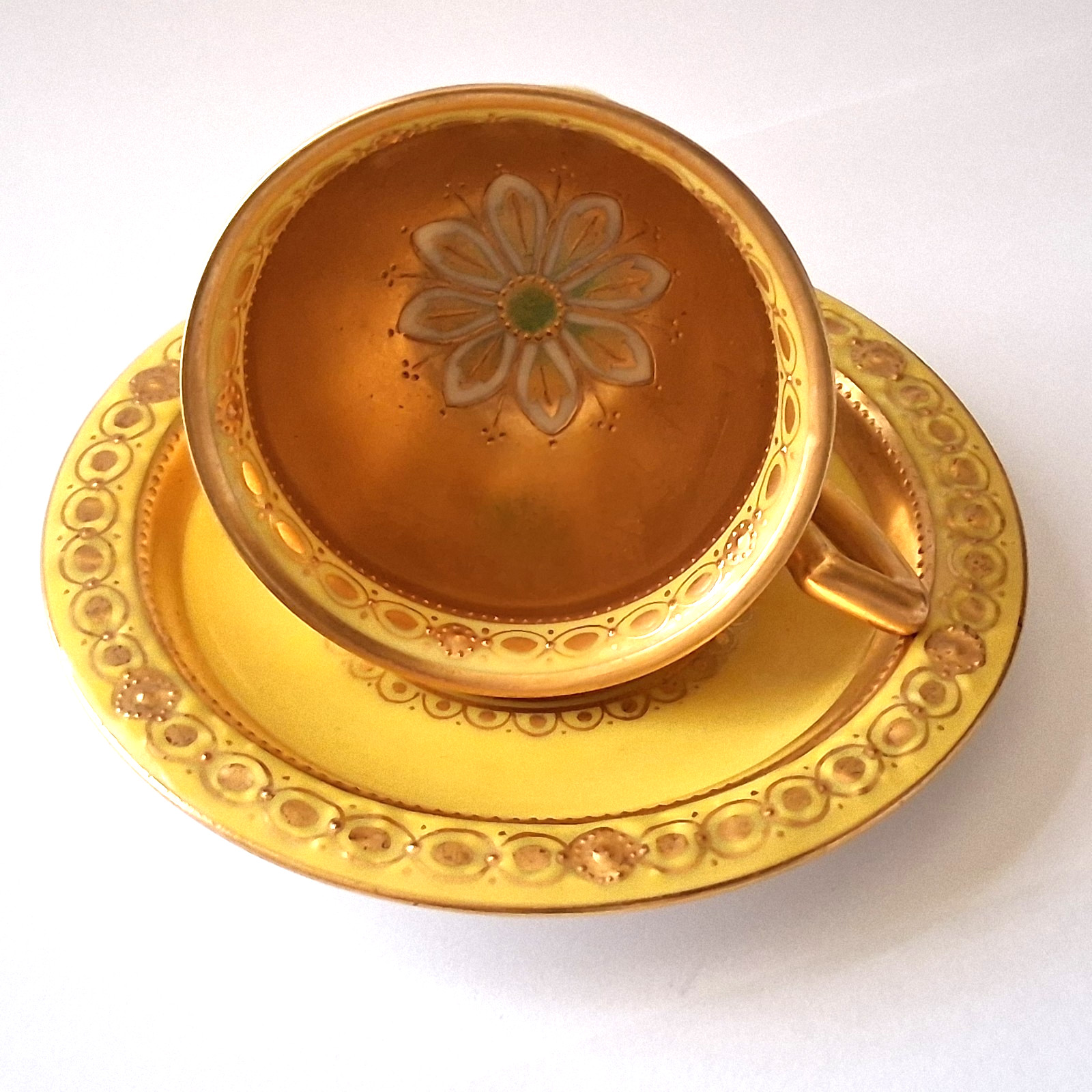 Antique Dresden Ambrosius Lamm Yellow Demitasse Cup Saucer Heavy Raised Gold HP
