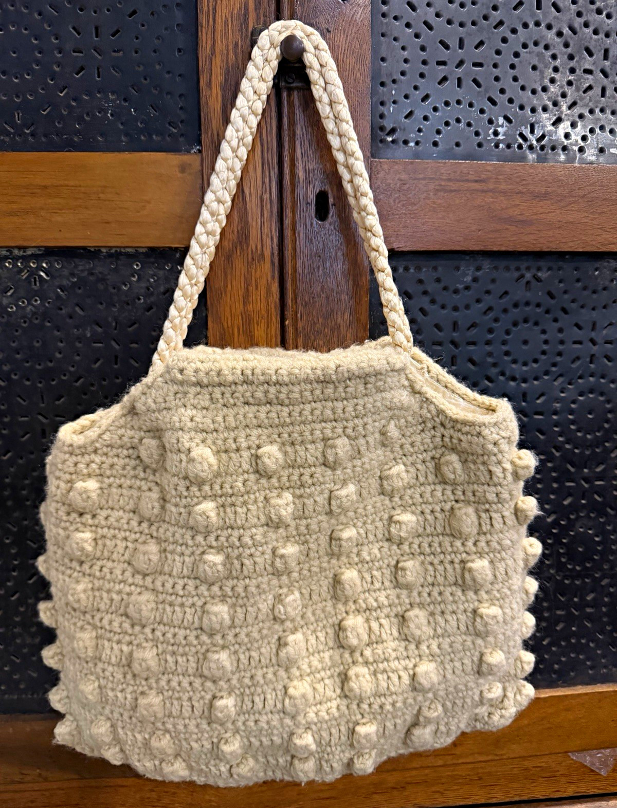 Handmade Crochet Purse Cream Bobble Stitch Pom-Pom Pattern Lined Interior