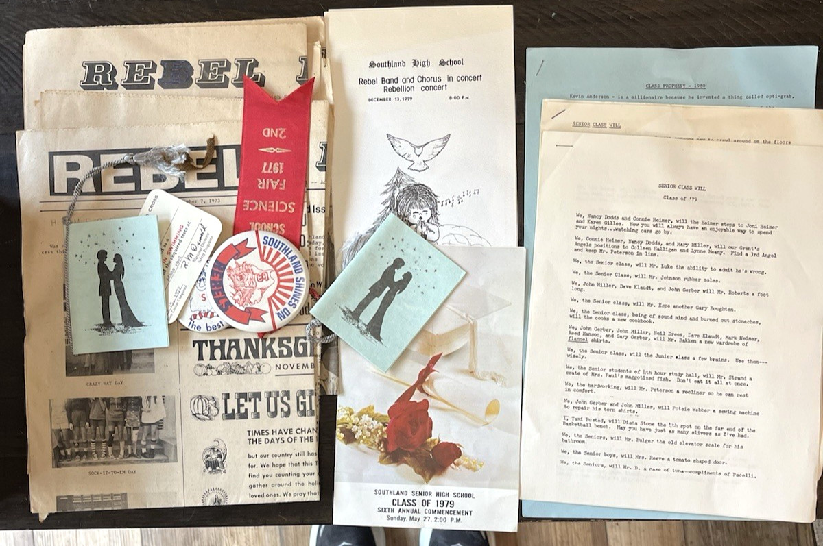 Southland Rebels Adams Elkton MN School LOT Pins Ribbon Newspapers Prom 1970s