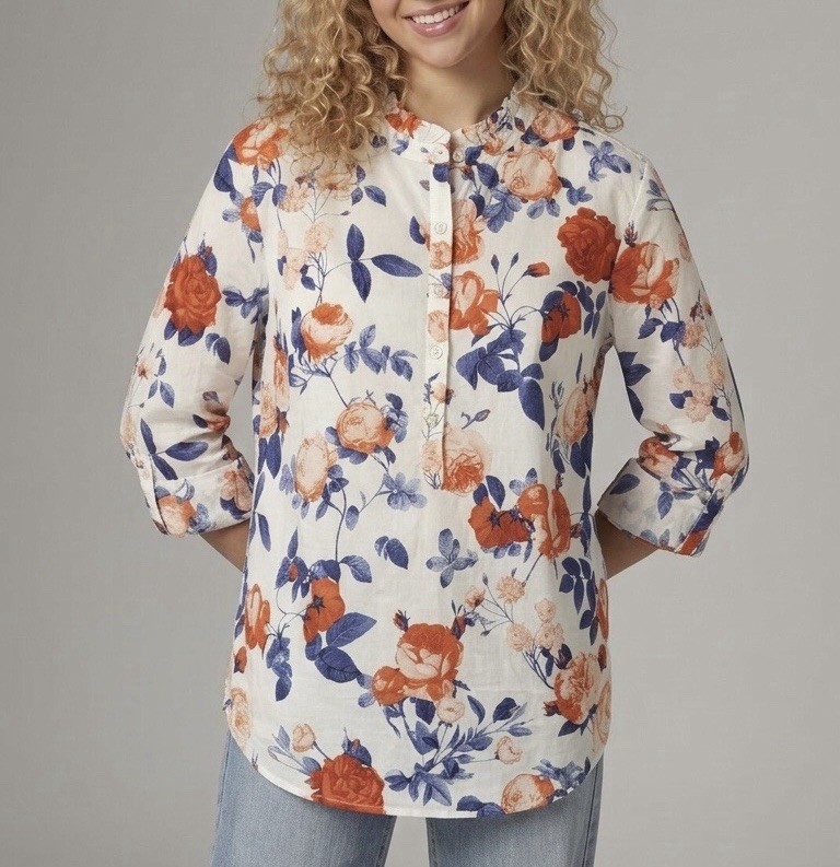 NWT Talbots Women’s Size M White Floral Cotton Partial Button Up Pullover Tunic