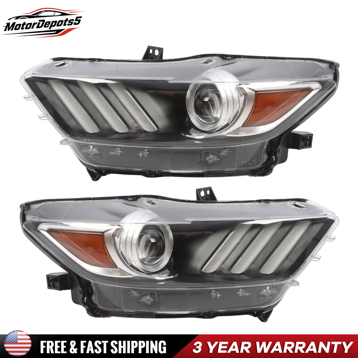 Headlights Assembly Pair LH RH For Ford Mustang 2015-2017 Clear Lens W/LED DRL