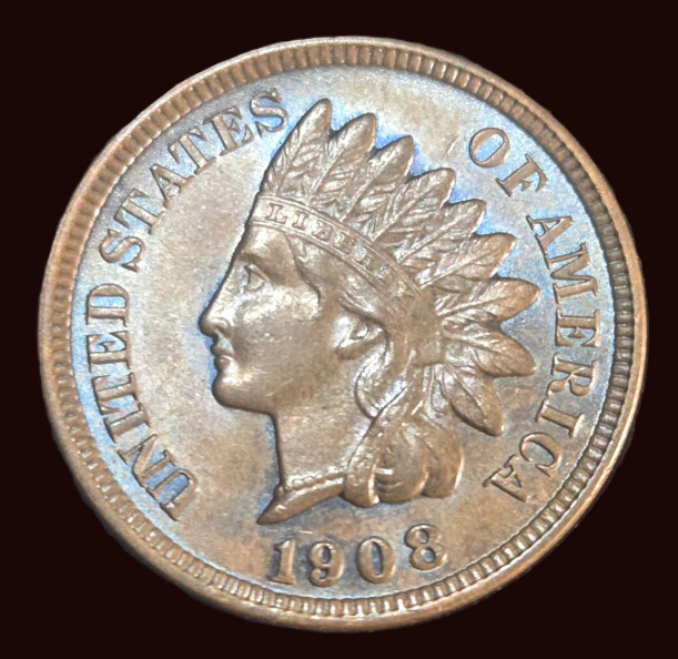 1908 Indian Head Cent - Sharp Blue Toning - Better Grade - 