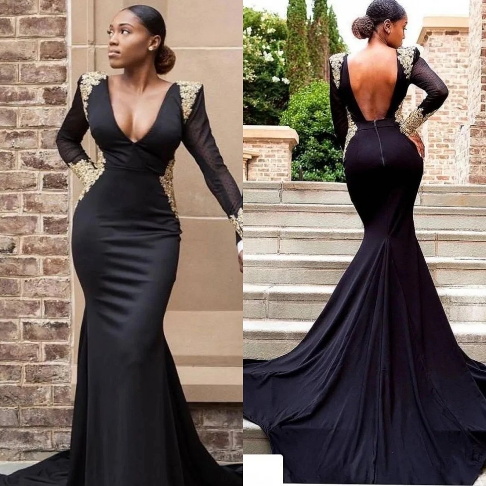Black Mermaid Evening Gown Long Sleeve Gold Appliques Backless Prom Dress Train