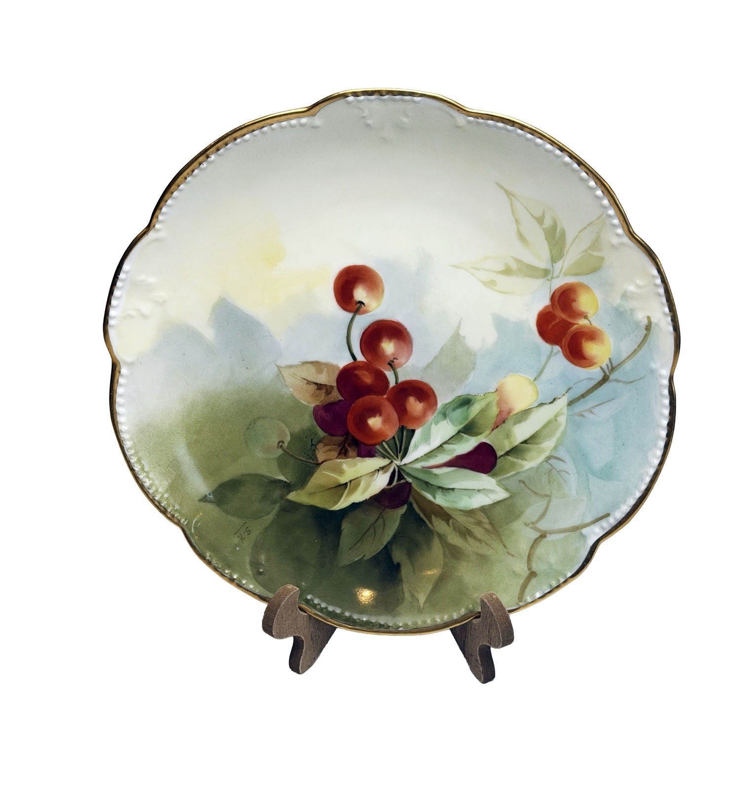 Antique Pickard Hand Painted Cherry Plate Signed S.H. AK France 8.5” Gold