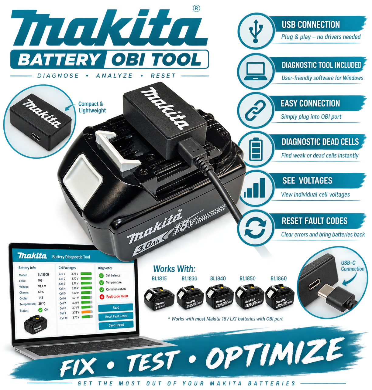 PREORDER Makita LXT 18V Battery Diagnostic Tester OBI