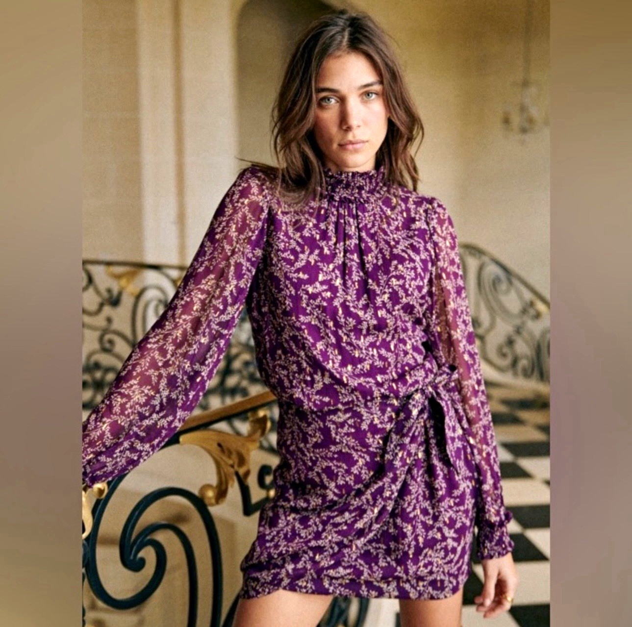 Sézane Palerme Gorgeous Purple and Gold Floral Mini Dress High Neck EU 42