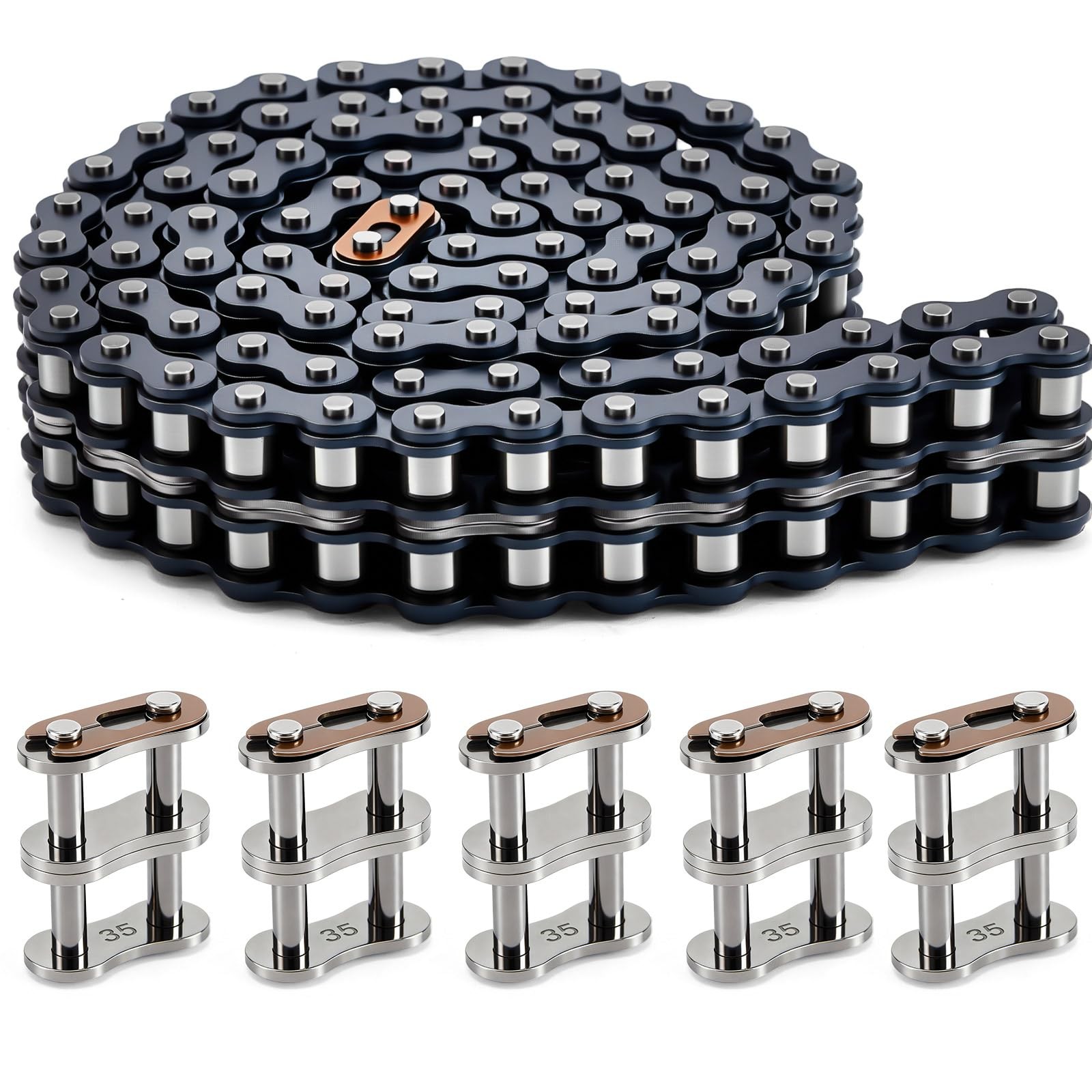 Otoolling 1 Pcs 352 Roller Chain Double Strand Duplex 10 Feet with 5 Connecti...