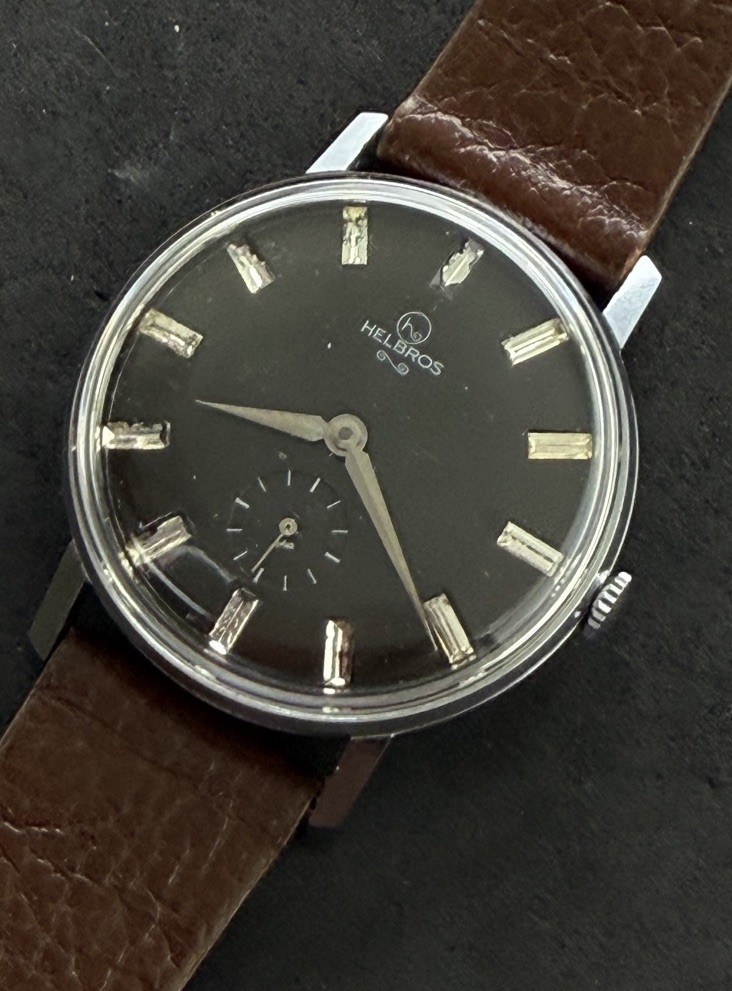 Vtg 1950s HELBROS Sub-Second Mens 36mm Swiss Mechanical Watch 7j Steel Grey Dial