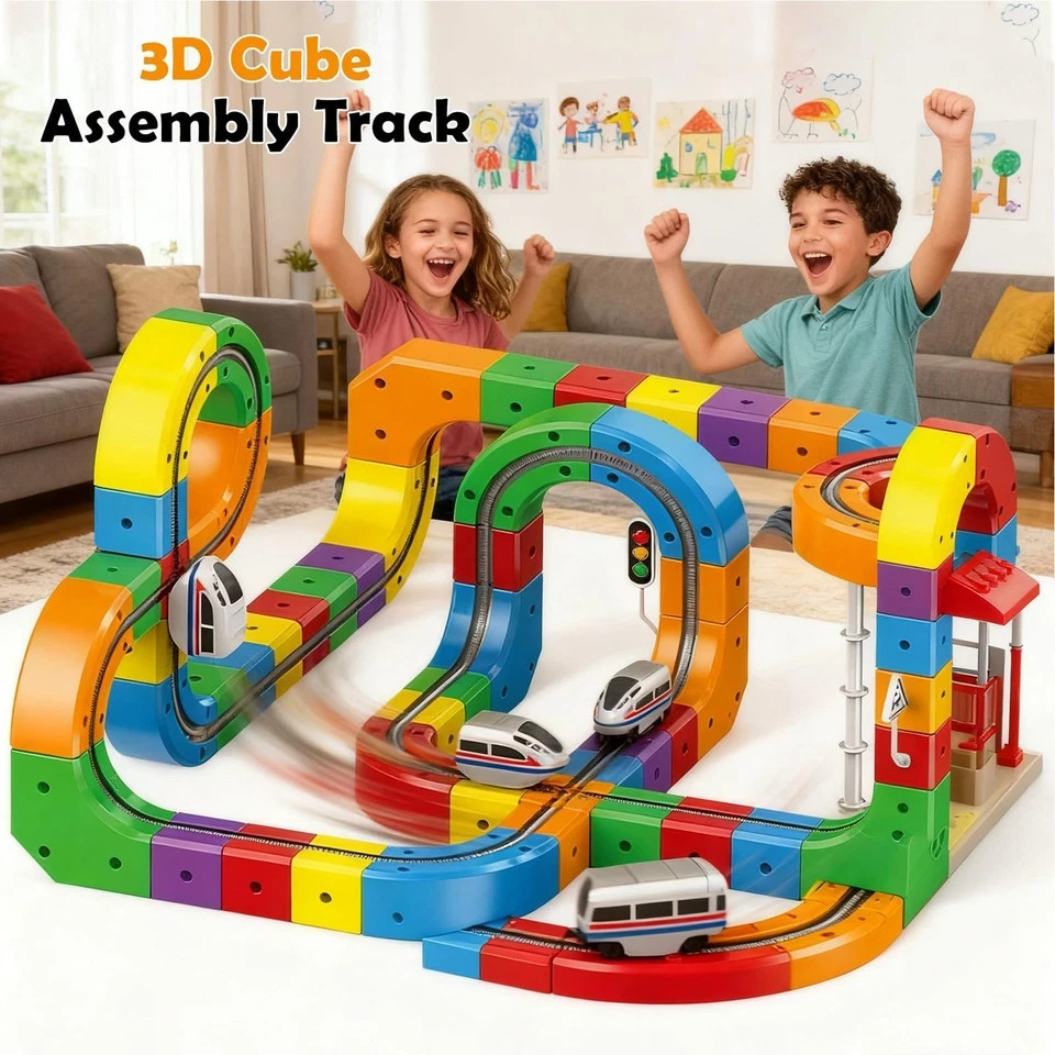 Train Set-81pcs for Kids 3D DIY Track Building Toy with Light Sound Funny Train