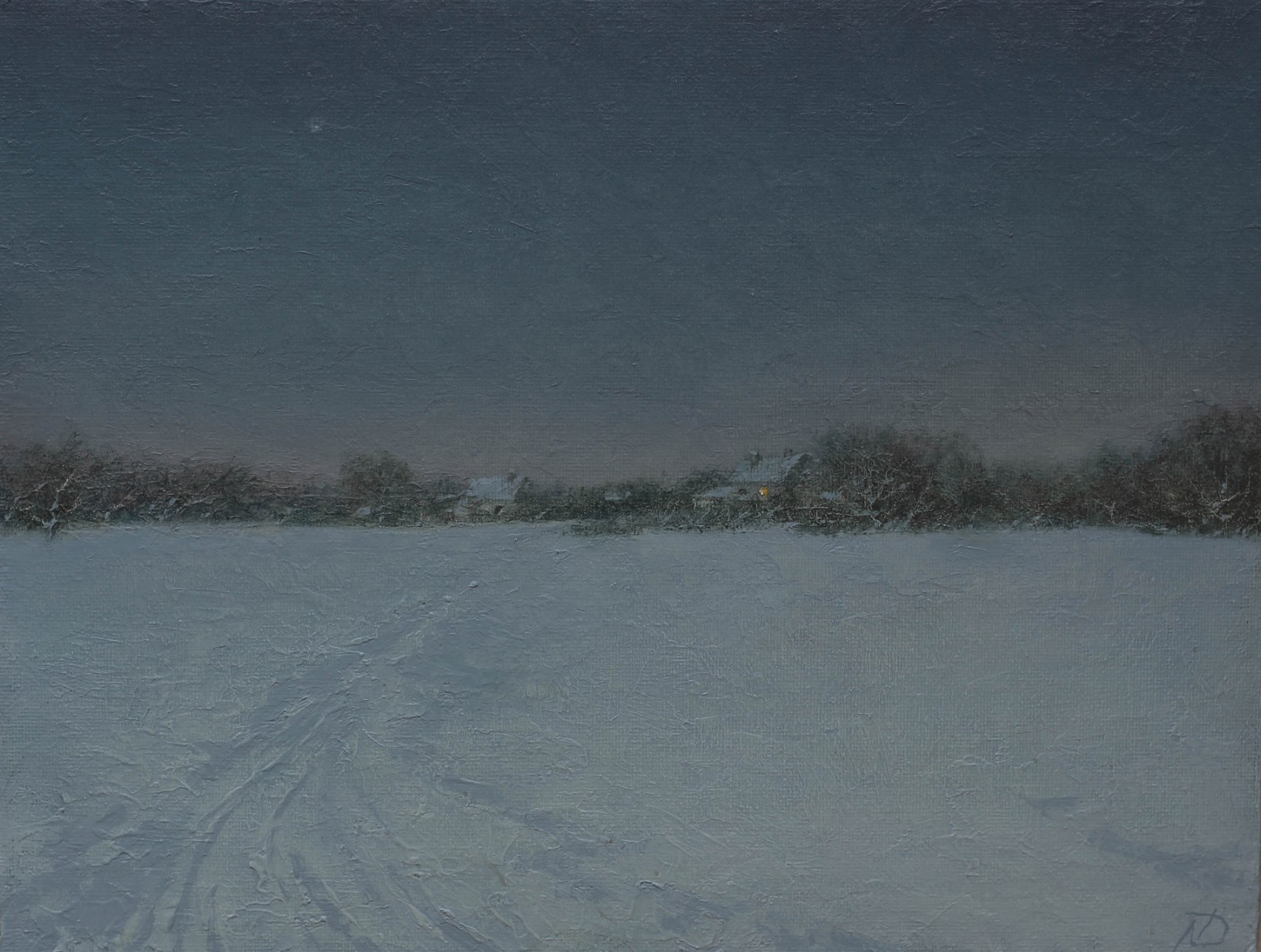 Original Winter Village Oil Painting Snowy Evening Moonlit Landscape Art