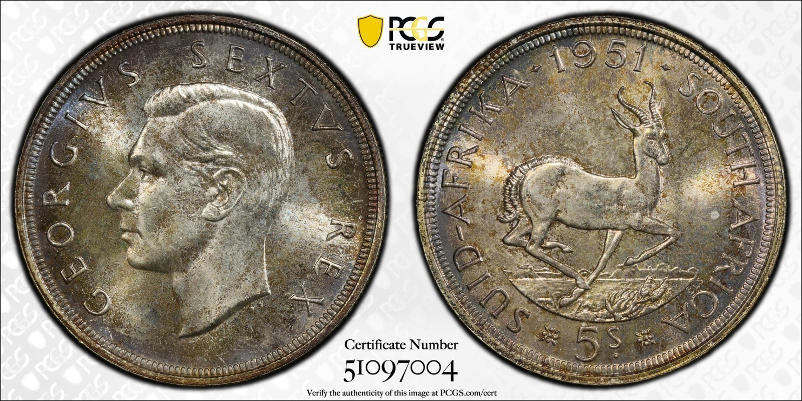 πΏπ¦ South Africa 1951 Silver 5 Shillings KM-40.2 PCGS Proof-66 (Toned) πΏπ¦ πΏπ¦ South Africa 1951 Silver 5 Shillings KM-40.2 PCGS Proof-66 (Toned) πΏπ¦