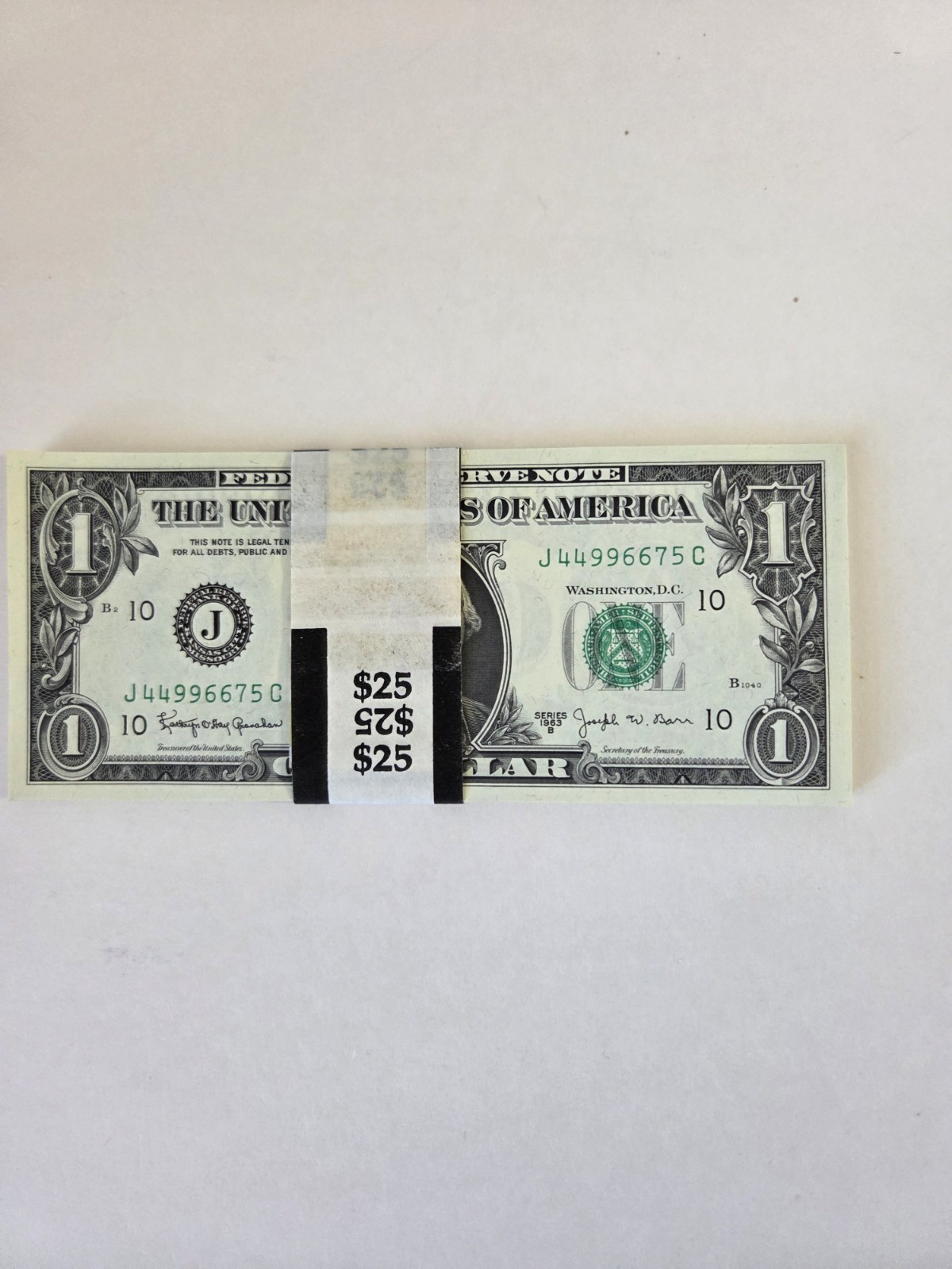 1963 B $1 25 CONSECUTIVE NEW ONE DOLLAR BANKNOTES, BARR # J44996675C-J44996699C