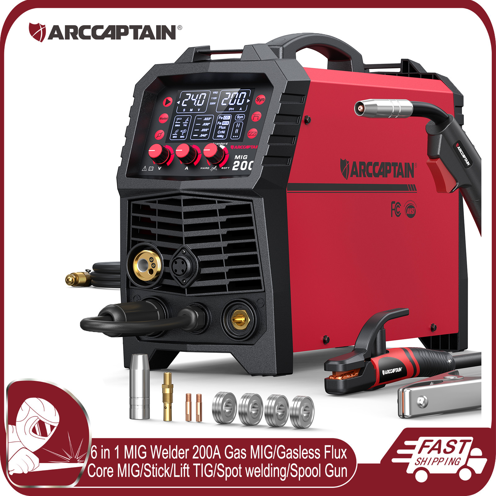 ARCCAPTAIN 200A MIG Welder 6 in 1 Gas/Flux Core MIG/Stick/Lift TIG/Spot 110/220V