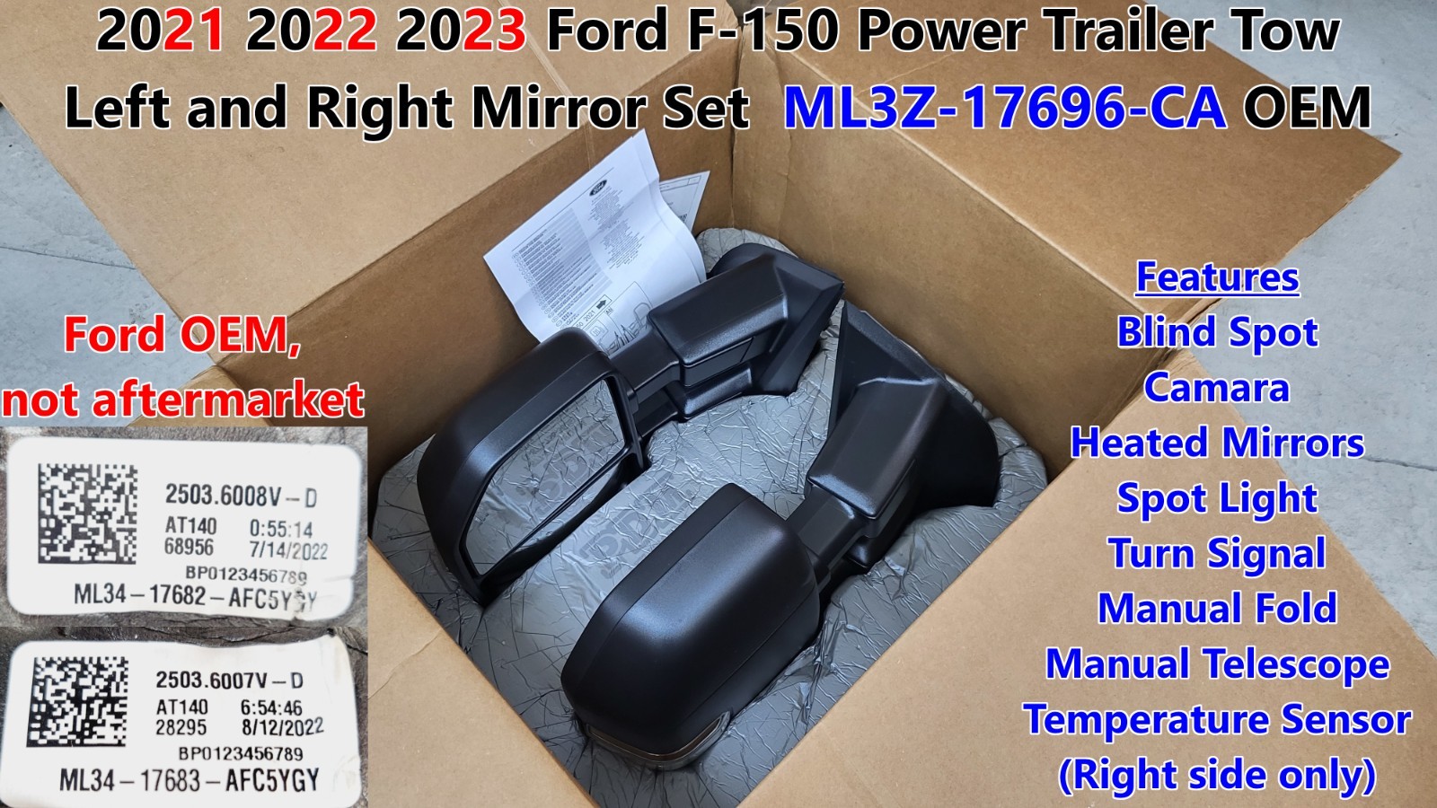 2021 -2023 Ford F150 Power Trailer Tow Mirrors Manual Fold w/ Camara ML3Z17696CA