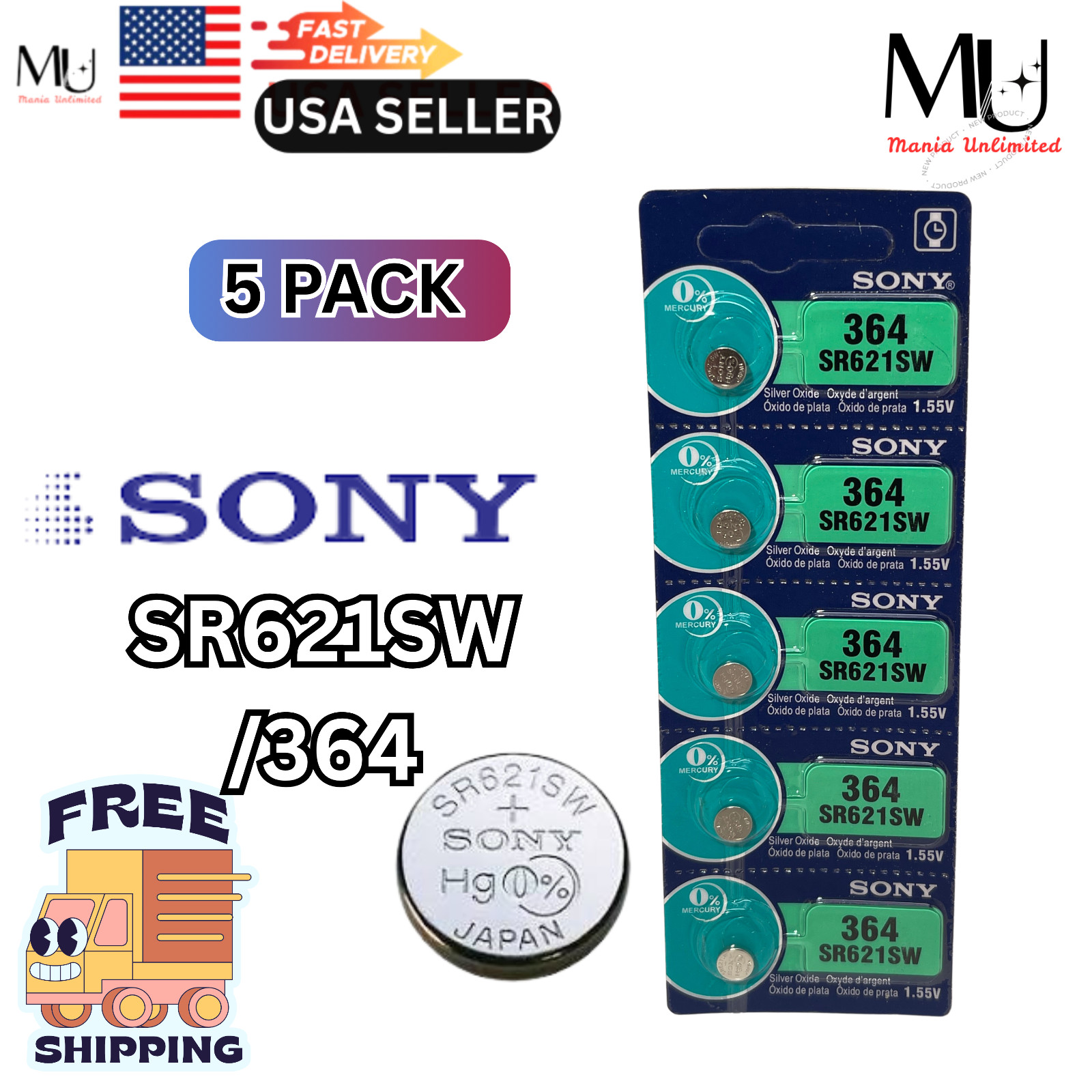 5X Sony SR621SW 364 AG1 SILVER OXIDE Coin WATCH BATTERY 1.55V EXP 2030