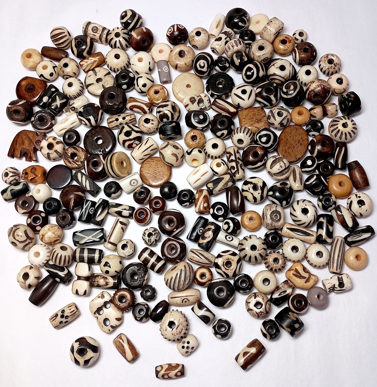 Buffalo Bone Beads, 199 Plus Pcs, Black, Brown, White, 4mm - 12mm, Reduced Ship Buffalo Bone Beads, 199 Plus Pcs, Black, Brown, White, 4mm - 12mm, Reduced Ship