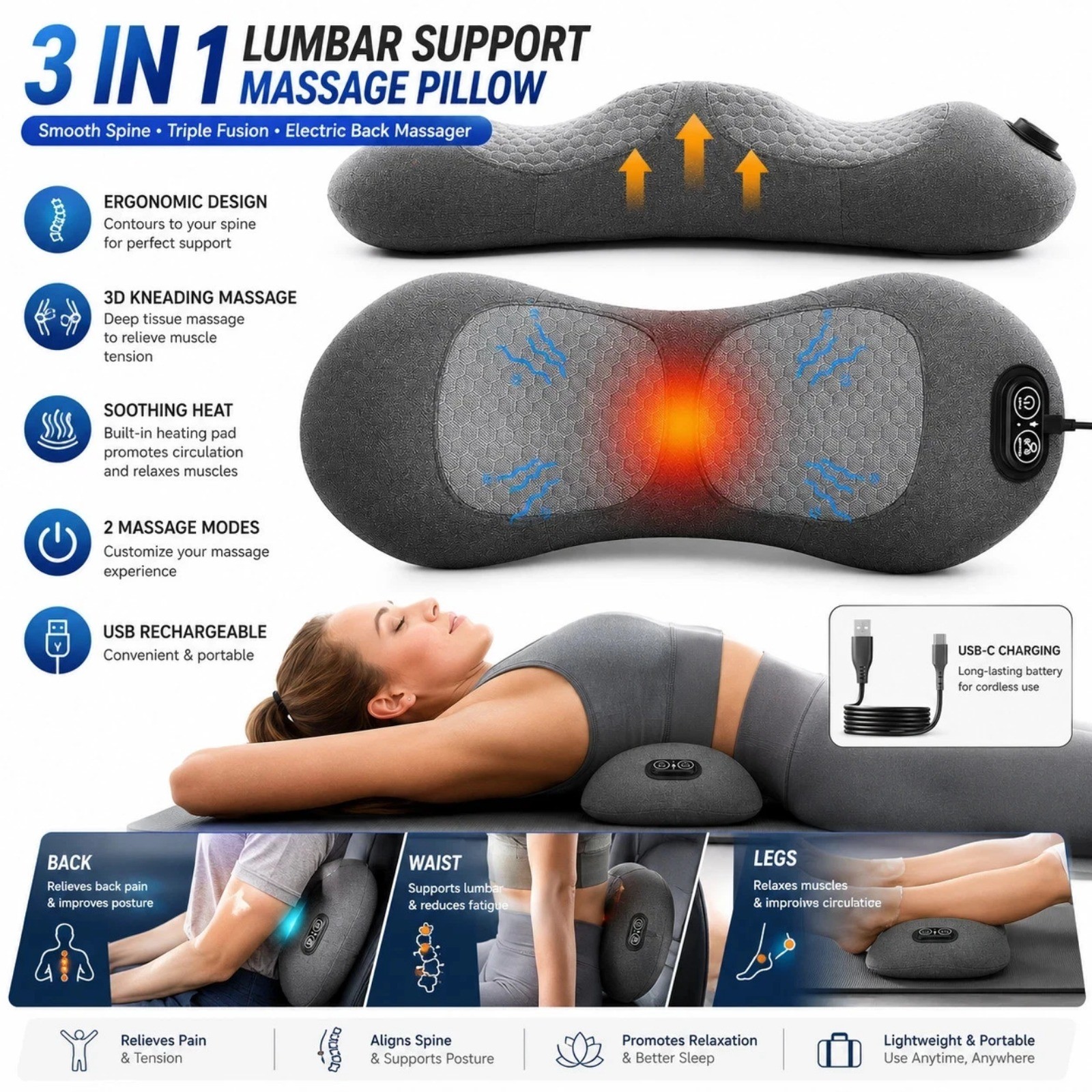 3 In 1 Electric Lumbar Support Pillow Smooth Spine Triple Fusion Back Massager