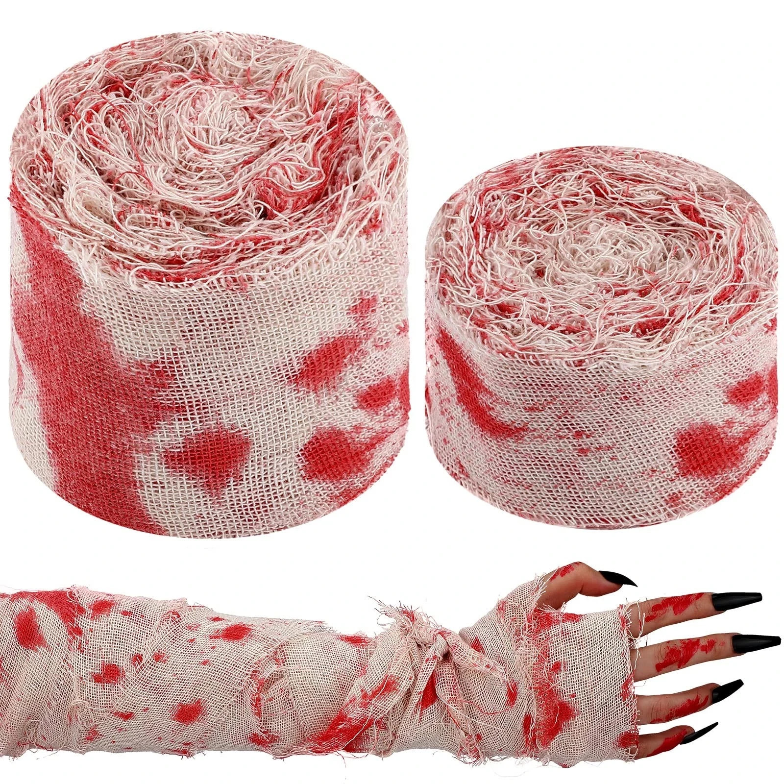 65 Feet Halloween Bloody Mummy Gauze Bandage, 2 Rolls, 2 Sizes