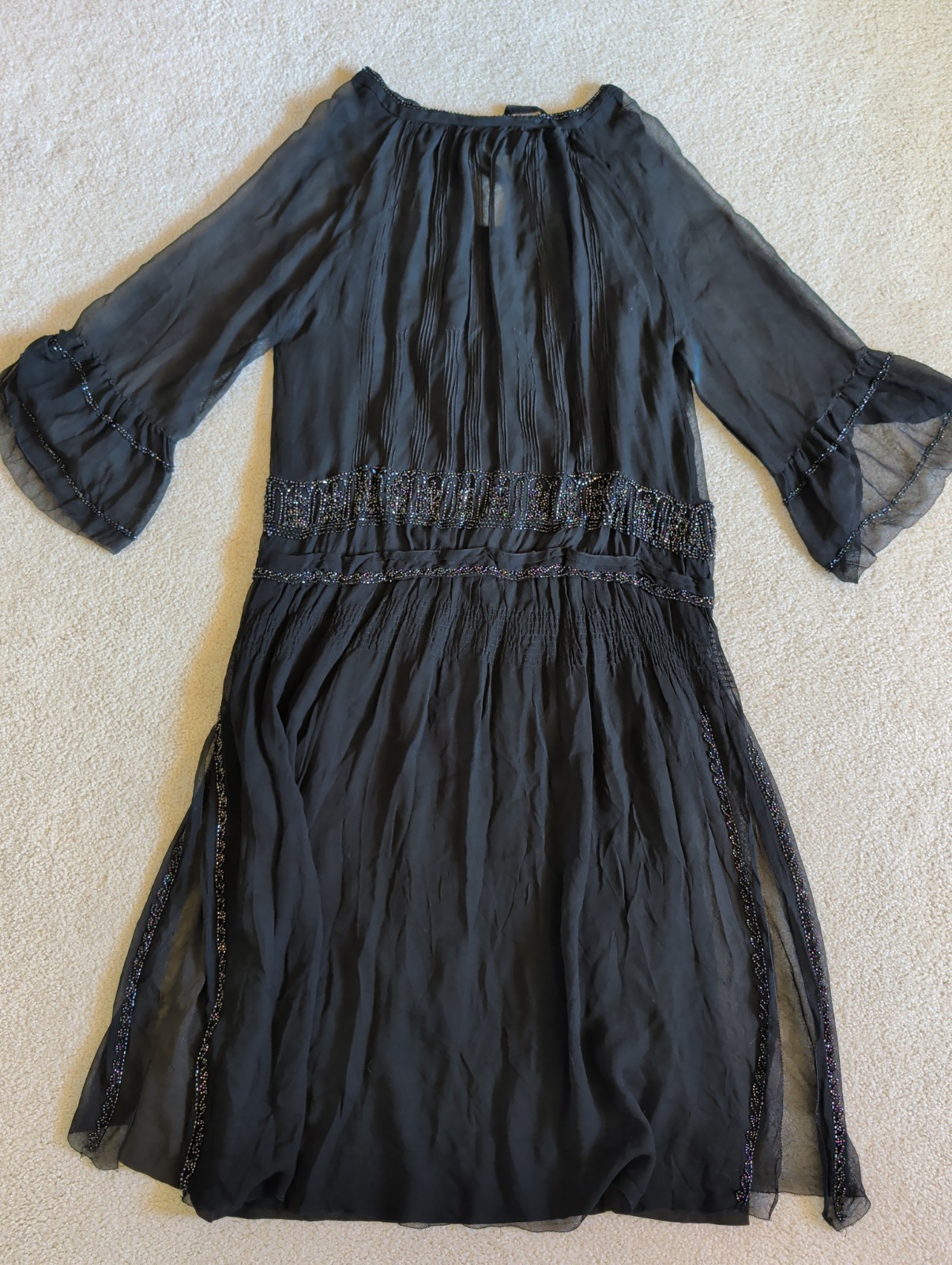 Antique 1920s Black Chiffon Beaded Evening Dress Drop Waist Art Deco Era * Antique 1920s Black Chiffon Beaded Evening Dress Drop Waist Art Deco Era *