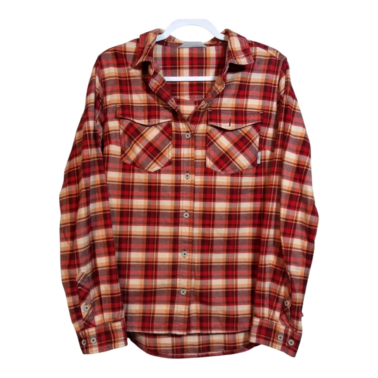 Stio Willow Flannel Shirt Red Orange Plaid Button Top Double Brushed Cotton Sz L