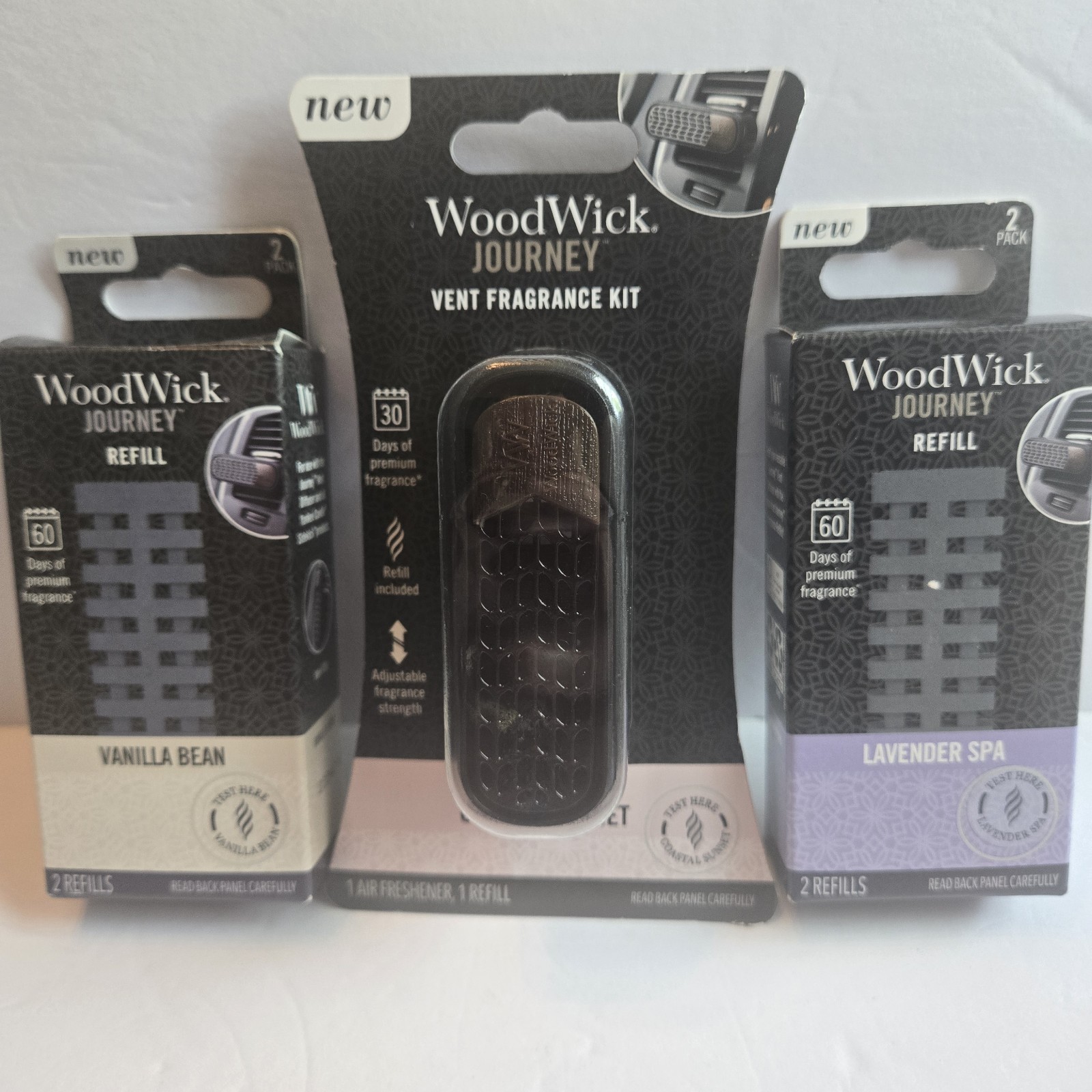 NEW Woodwick Journey Car Vent Fragrance Kit, 30 Days each, 3 Refills NEW Woodwick Journey Car Vent Fragrance Kit, 30 Days each, 3 Refills