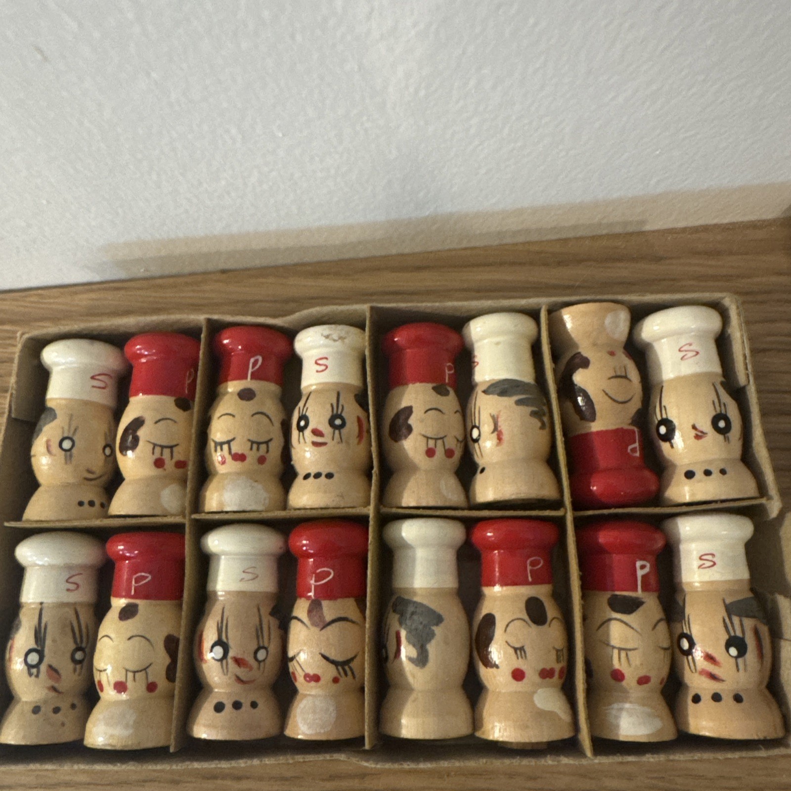 Never used Vintage Wood Anthropomorphic Miniature Salt Pepper Shakers