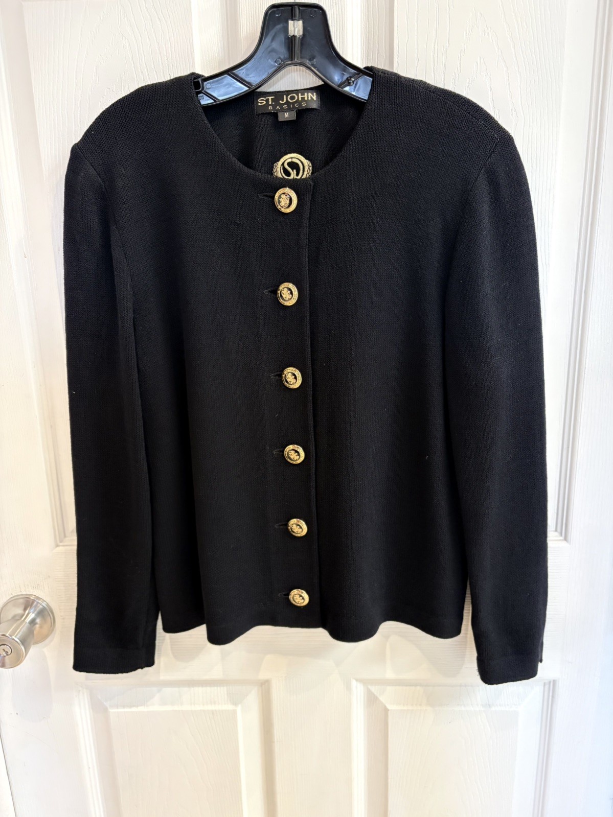 St. John Basics Black Santana Knit Jacket Gold Crest Buttons Size M