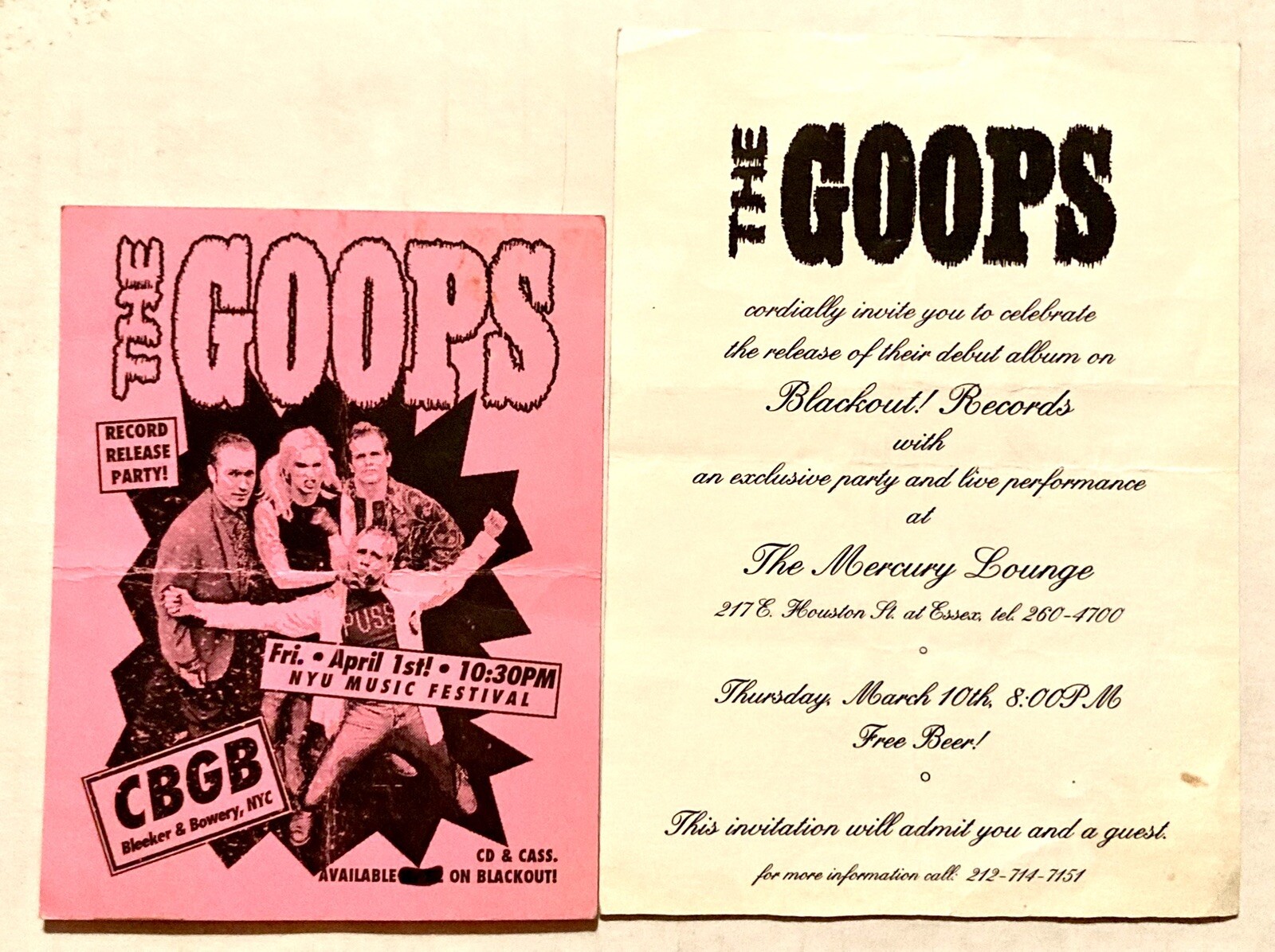 THE GOOPS VINT 94 2 SMALL FLYER LOT 3/10/1994 & 4/1/94 CBCGS MERCURY LOUNGE NYC