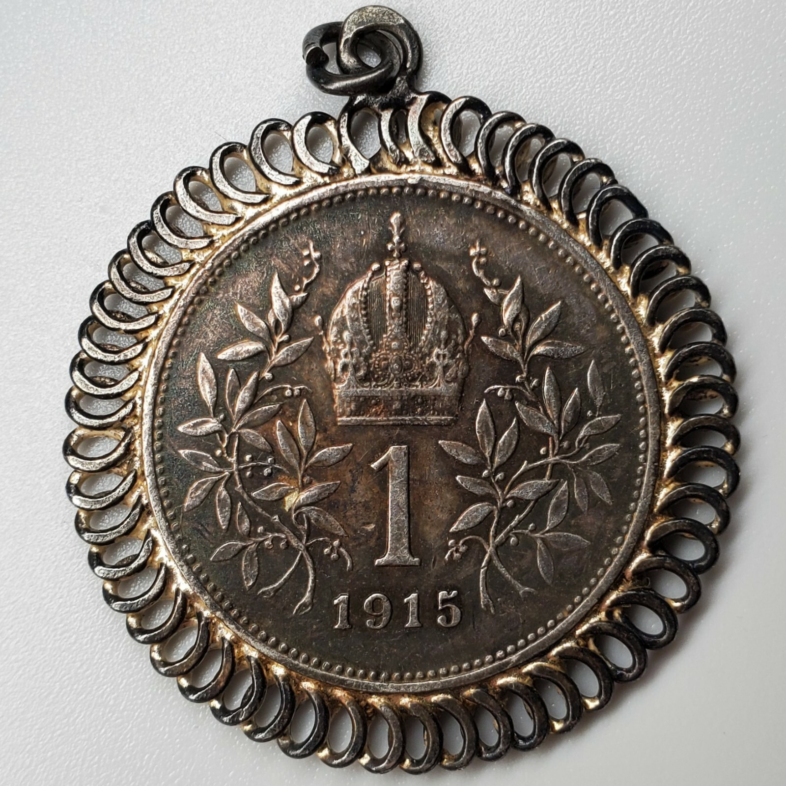 1915 Austria-Hungary Corona Franz Joseph I Coin Pendant 800 Silver WWI Original 1915 Austria-Hungary Corona Franz Joseph I Coin Pendant 800 Silver WWI Original