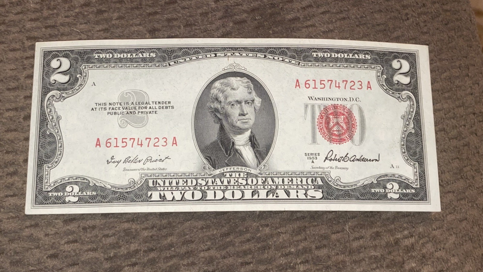 1953A $2 DOLLAR - RED SEAL CRISP.    *NOTE: FAST SHIPPING 