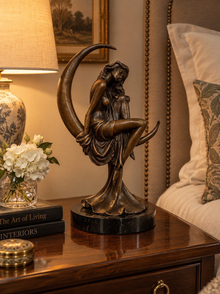 Art Nouveau Bronze Sculpture - Sleeping Lady on Moon - Marble Base - Signed