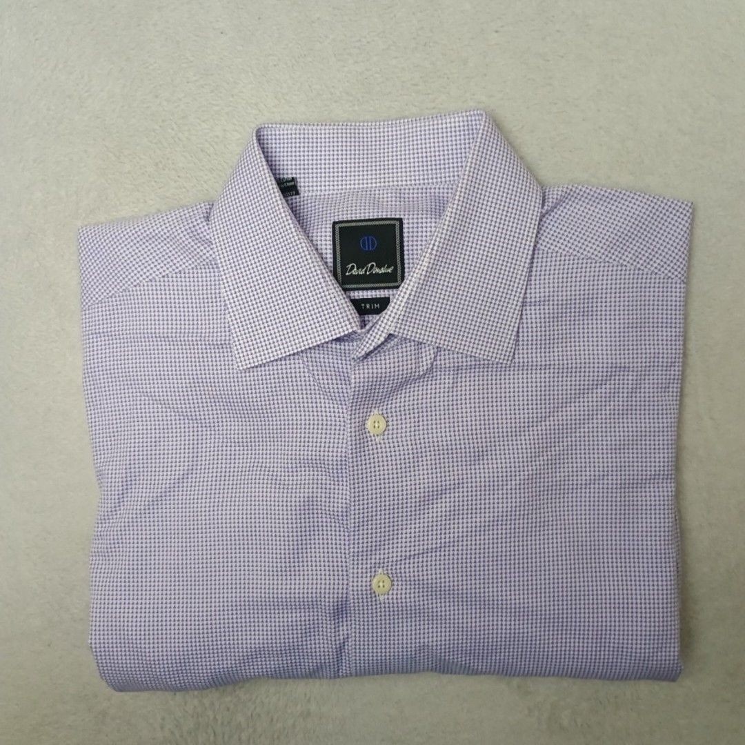 David Donahue Shirt Mens 16.5 36 37 Purple Check Button-Up Trim Cotton Business